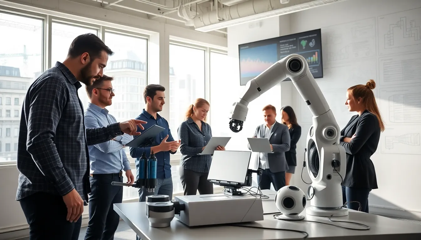 diverse team collaborating on robotics in a modern workspace.