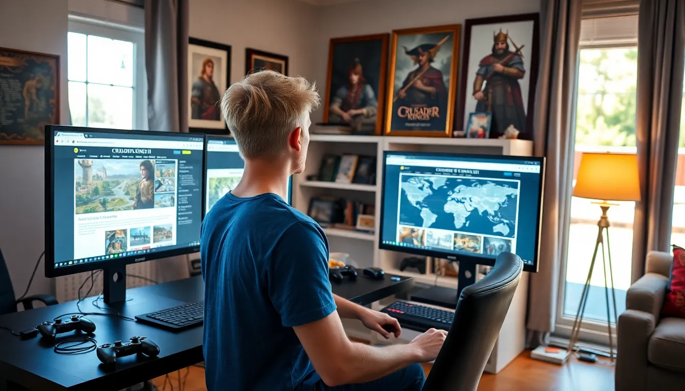 a young man using CK2Generator for Crusader Kings II in a cozy room.