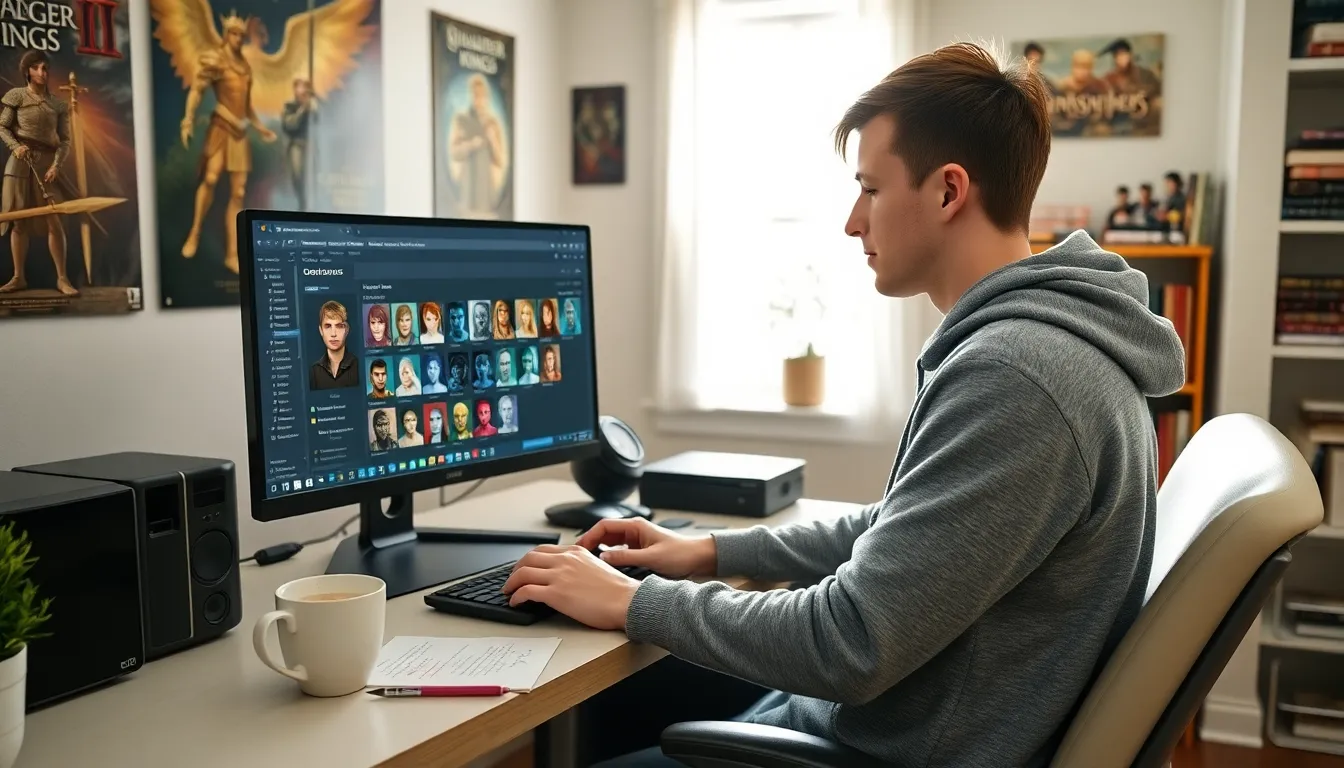 A gamer creating characters using CK2Generator in a cozy home office.
