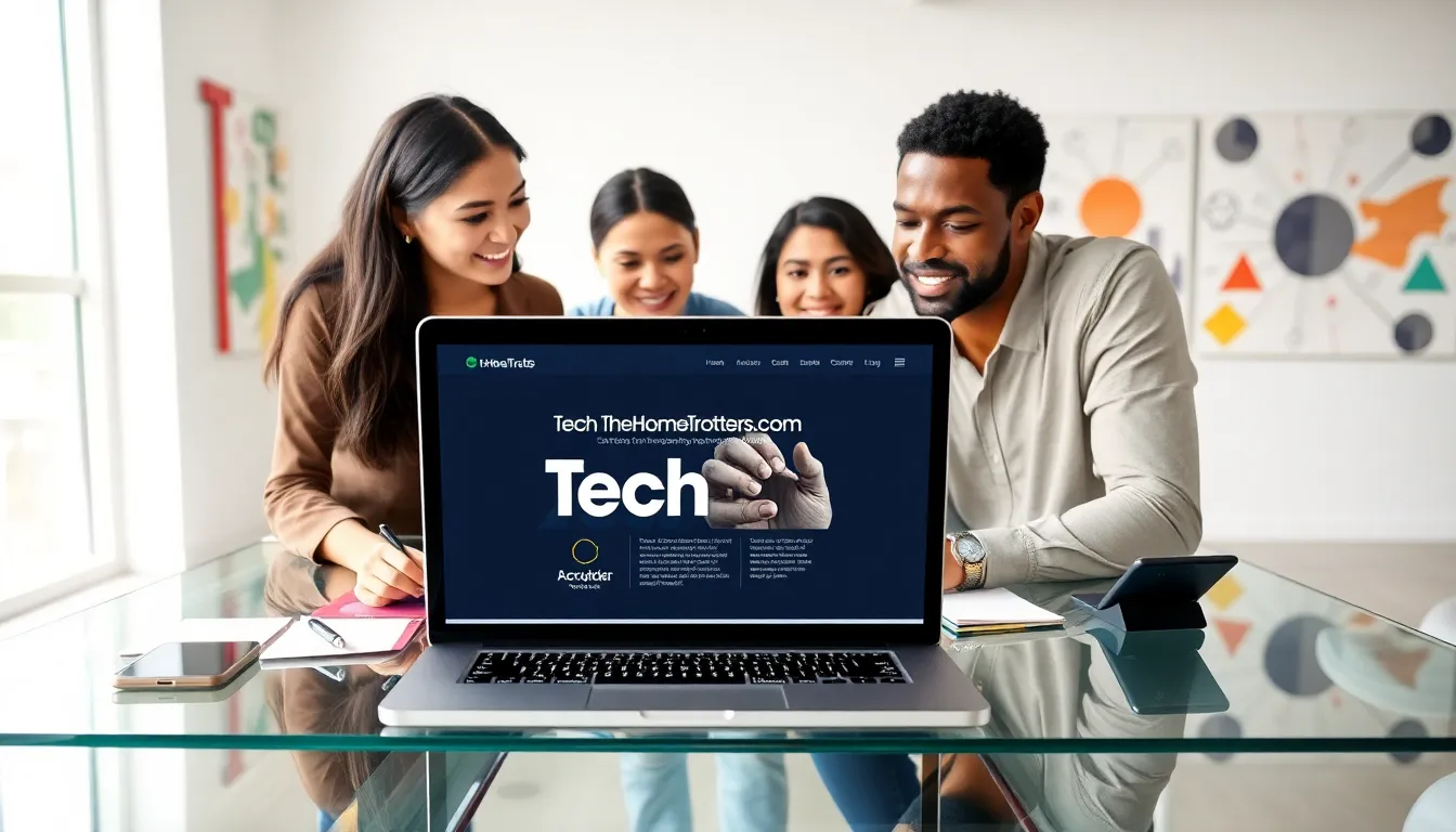 diverse team collaborating over tech content in a modern office.