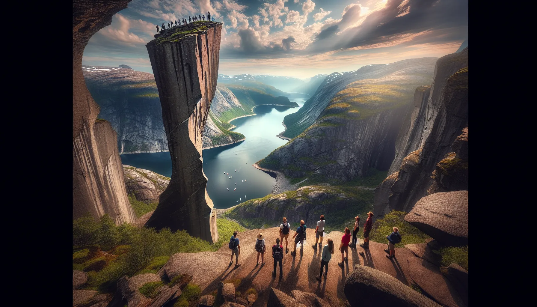 Trolltvinge rock formation above a fjord, with individuals admiring the view.