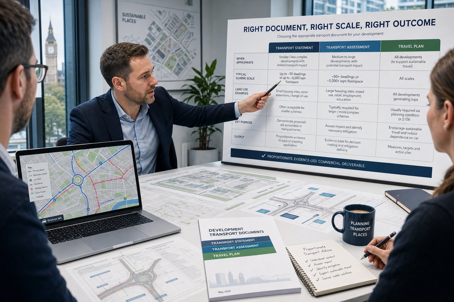 Transport consultants reviewing planning documents and site maps in a modern UK office.
