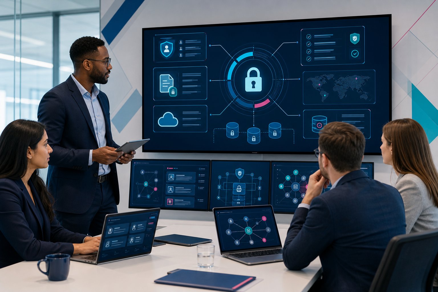 UK professionals reviewing secure integrated client portal dashboards in a modern office.