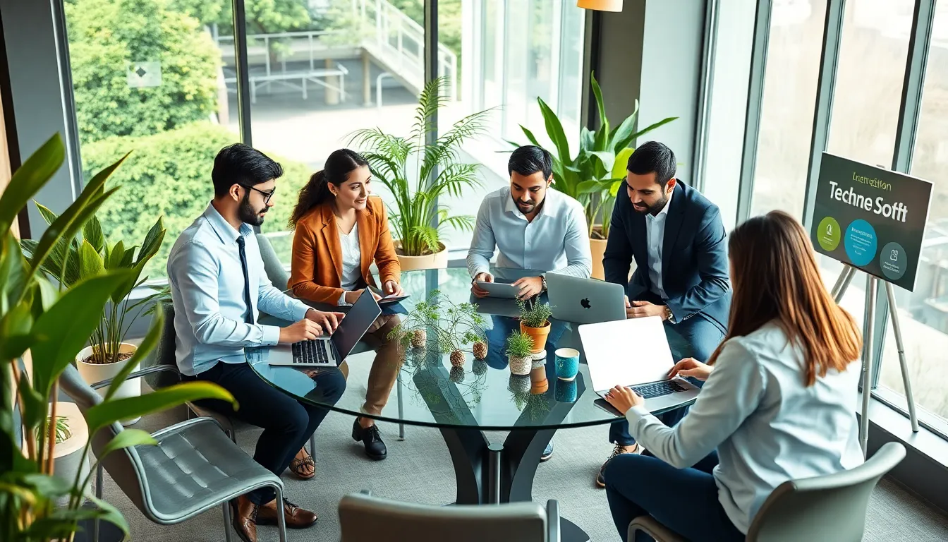 diverse team collaborating on technology solutions in a modern office.