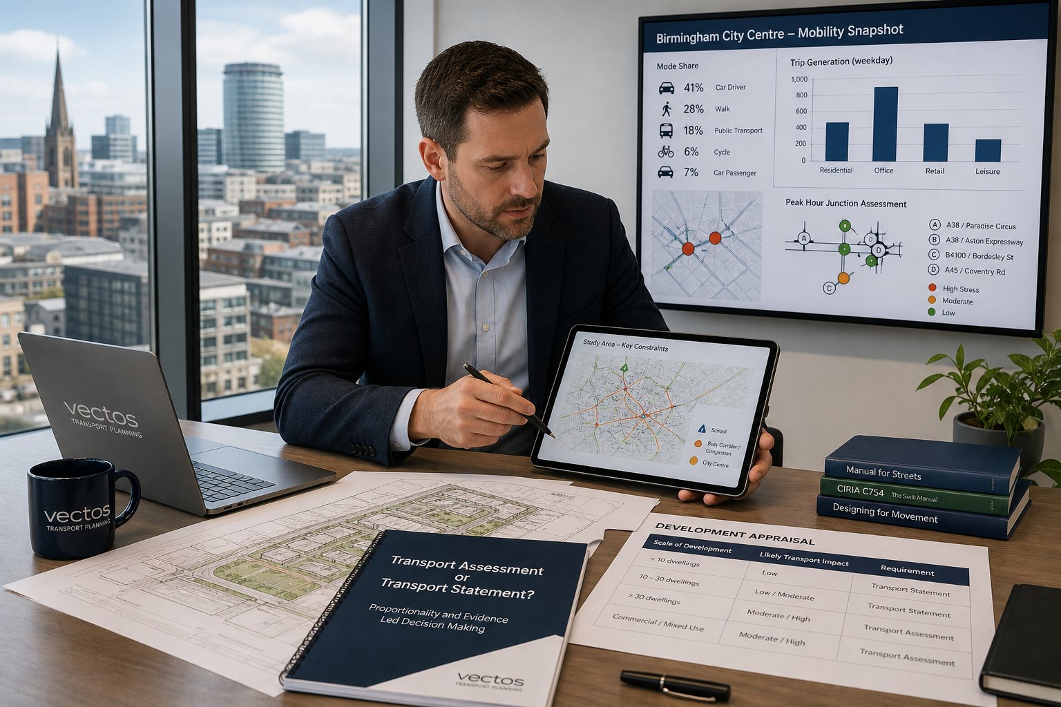 Traffic engineer reviewing transport assessment plans in a modern Birmingham office.