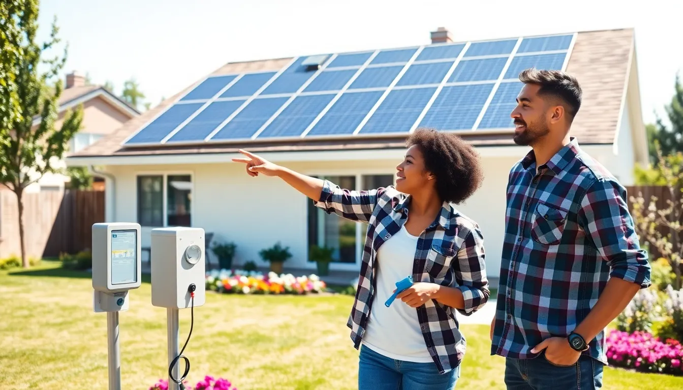 couple inspecting DIY solar panels in their backyard.