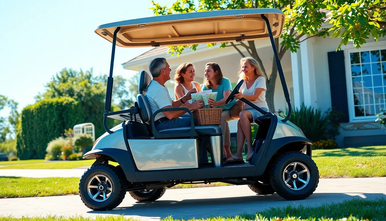 a four-seater golf cart with people preparing for a neighborhood outing.