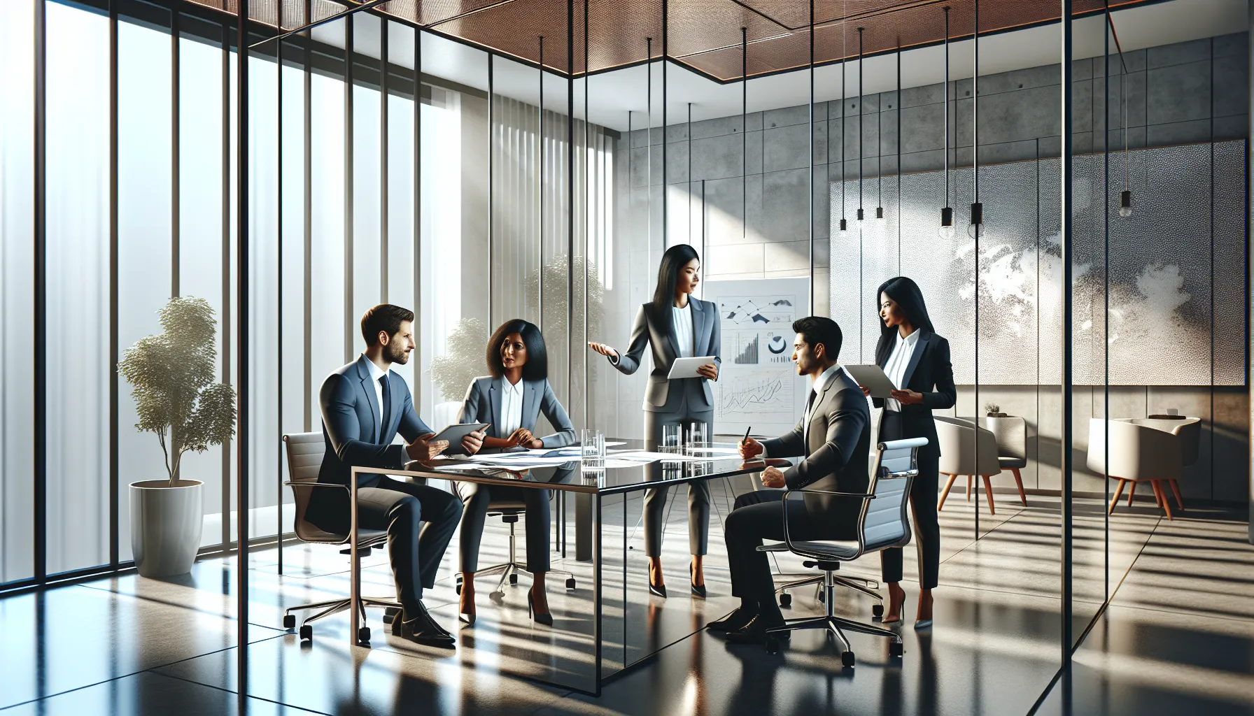 diverse team discussing investment strategies in a modern office.