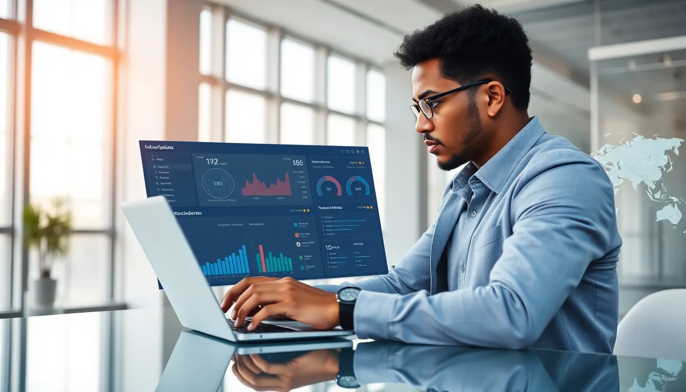IT professional analyzing network data in a modern office.