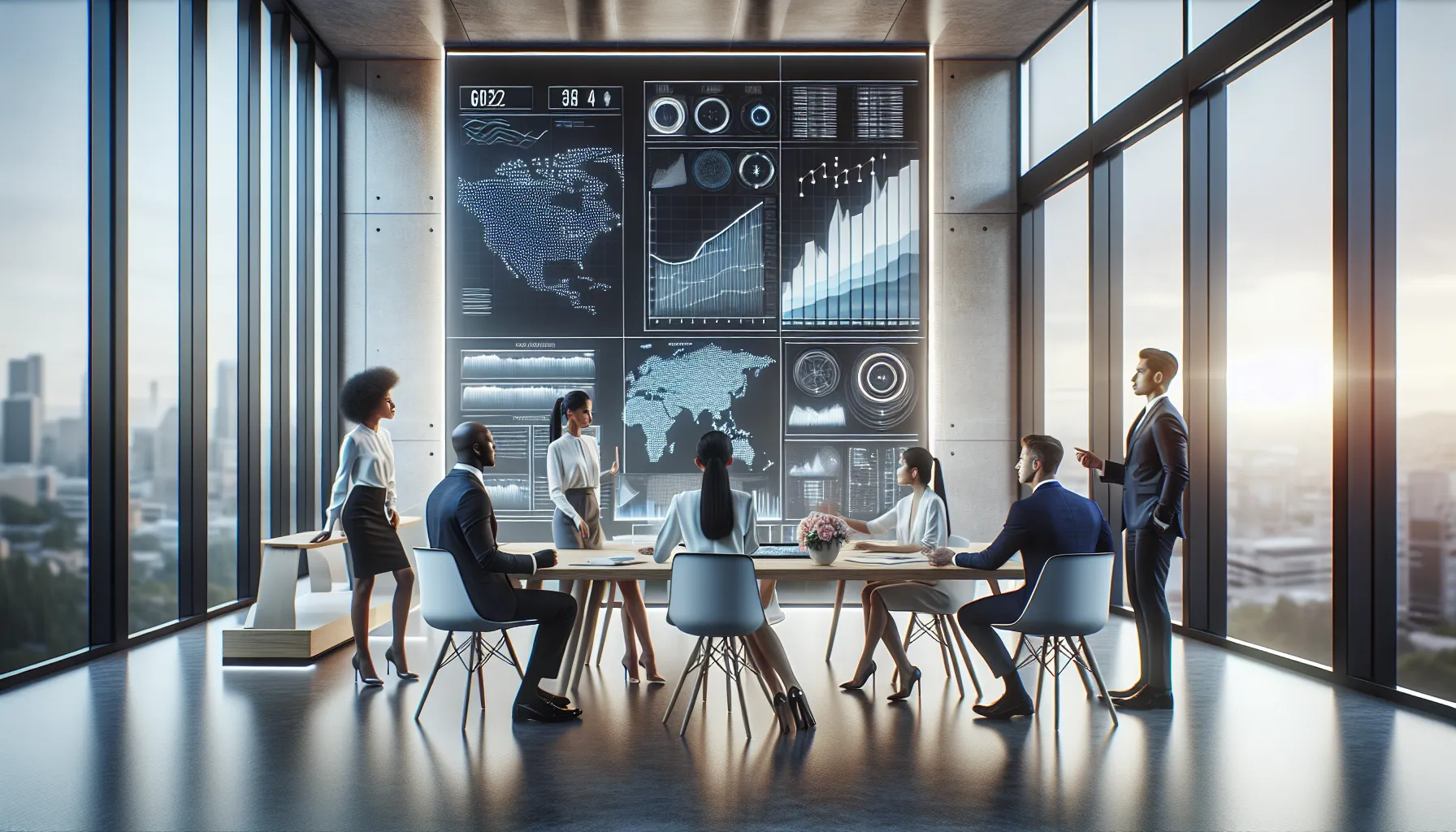 diverse professionals discussing technology in a modern office.