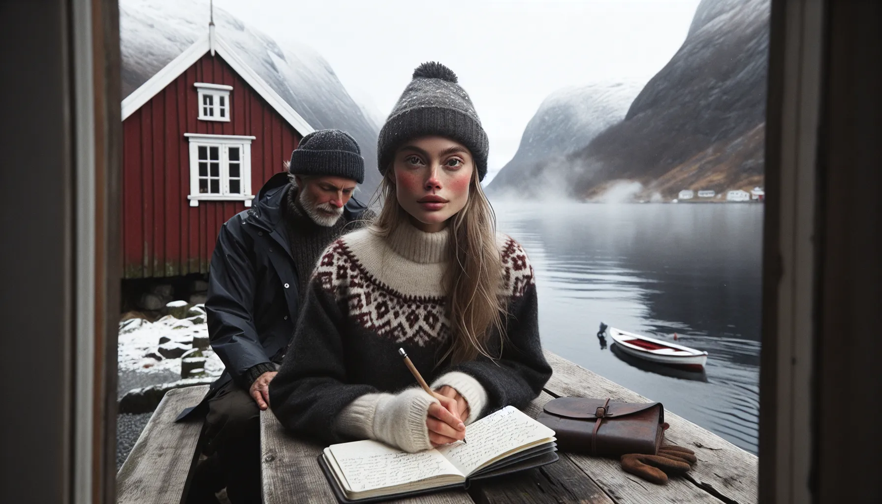 Two friends by a norwegian fjord, journaling and supporting each other.