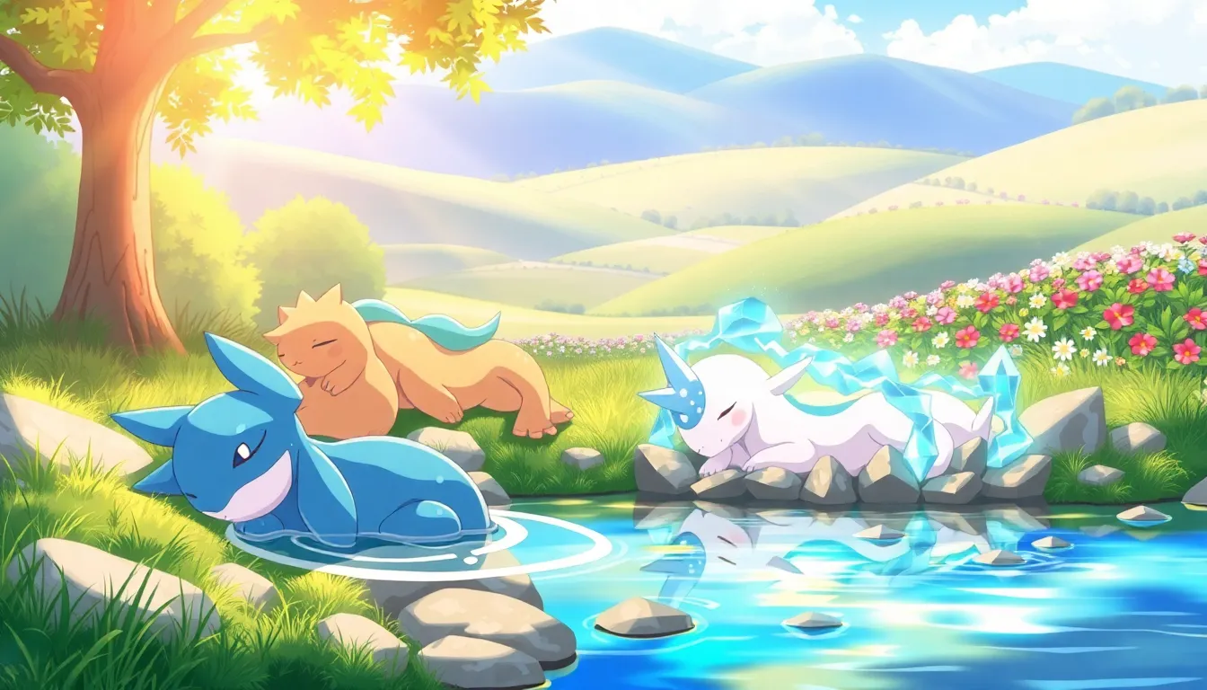 various Pokémon peacefully sleeping in a natural setting.