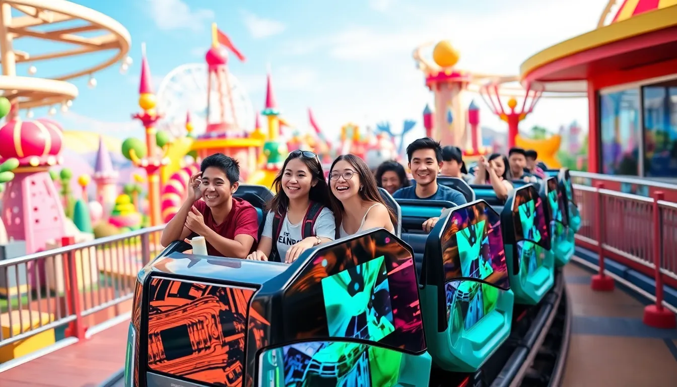 excited riders on the high-tech Gadget Go Coaster.