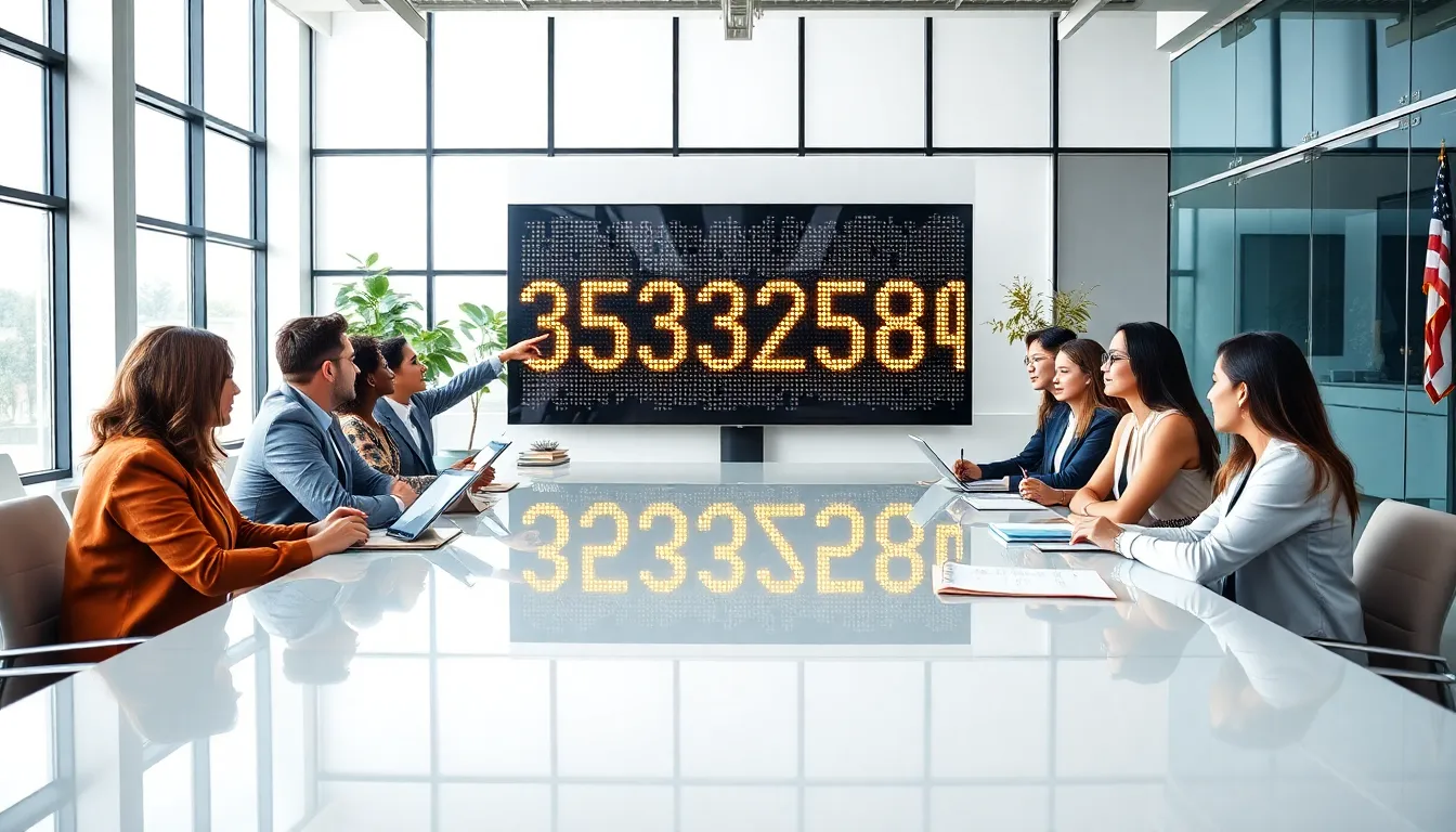 diverse professionals discussing numerical patterns in a modern office.