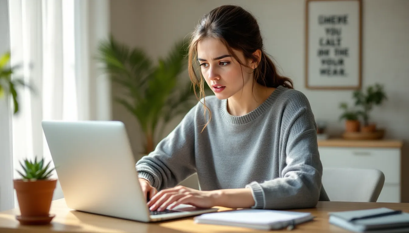 A nervous woman about to click publish on her laptop at home.