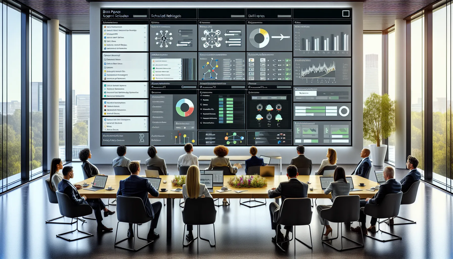 Team reviews enterprise Power BI report scheduler dashboard in a modern office.