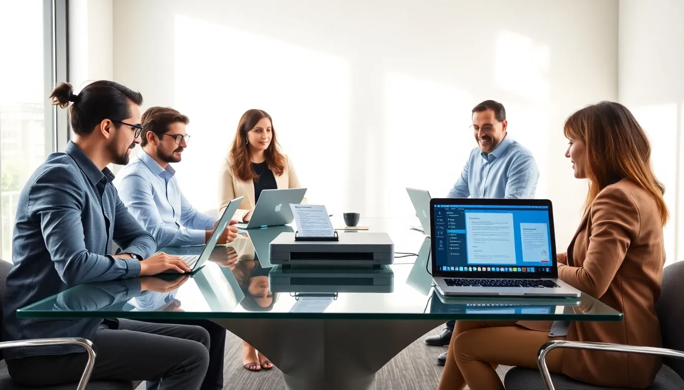 diverse team using advanced document management software in an office.