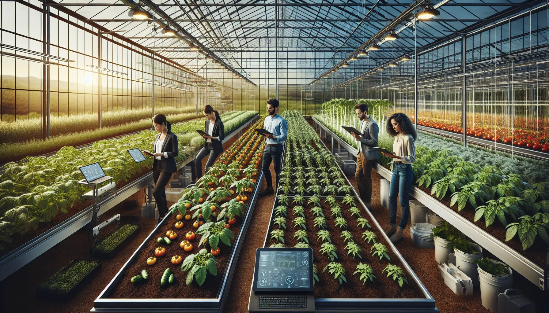 diverse team monitoring vegetables in a modern greenhouse.
