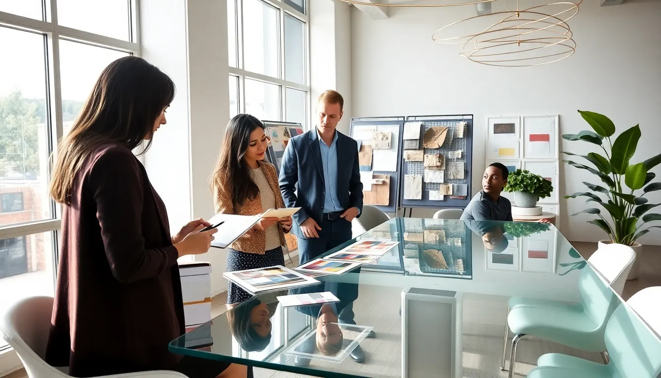 diverse team collaborating on decor design construction in a modern office.