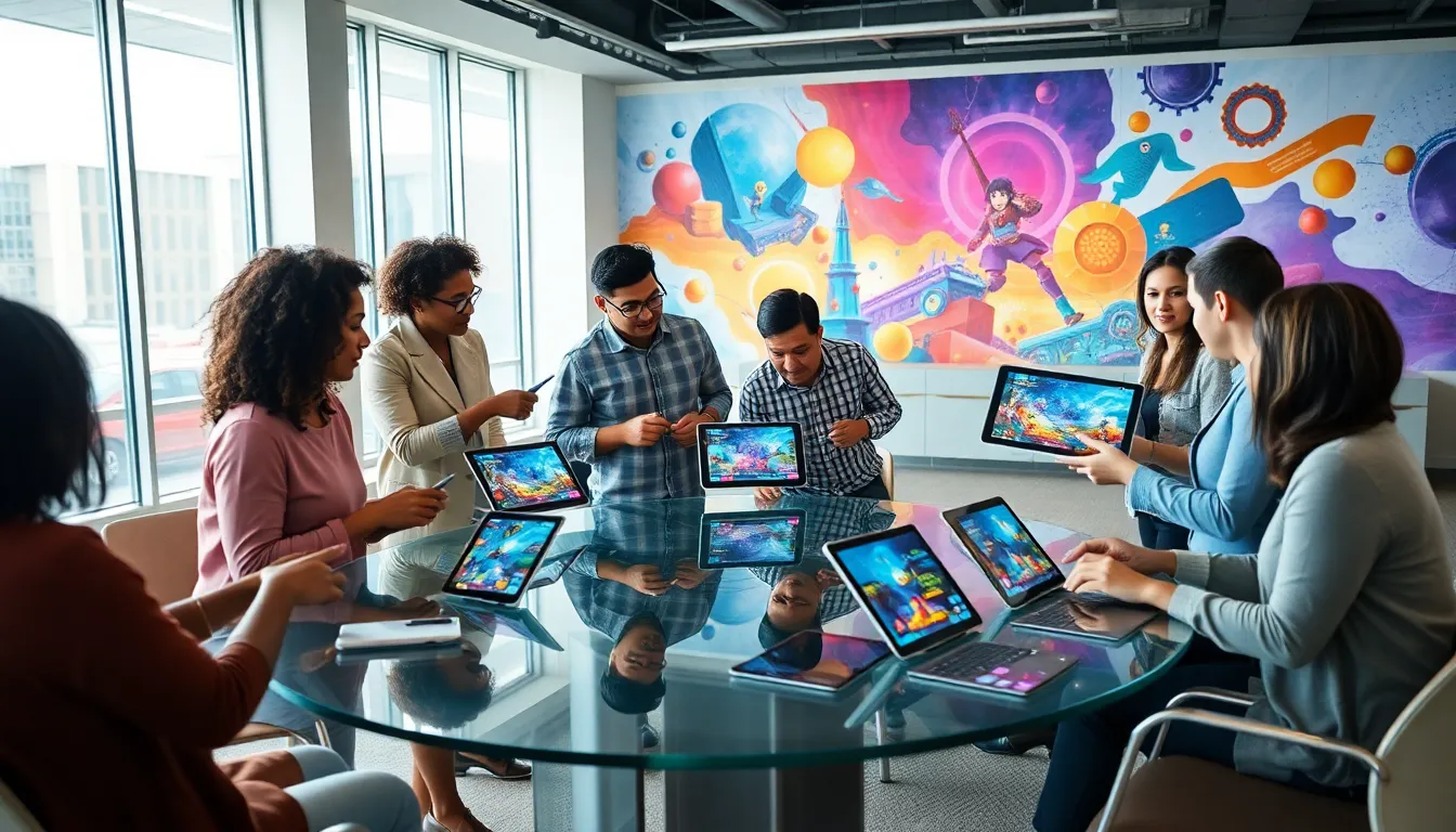 diverse team collaborating on game development in a modern office setting.