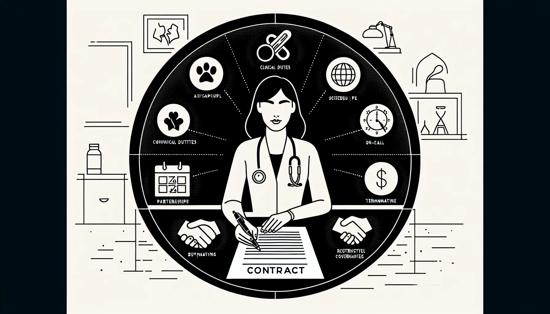 Veterinary associate examining a contract with icons for duties, pay, and coverage of Veterinary Associate Contract Review.