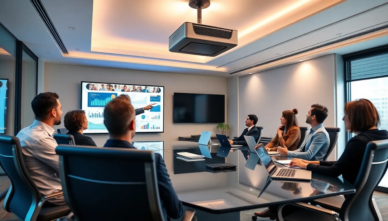 professionals using audio visual technology in a corporate boardroom.