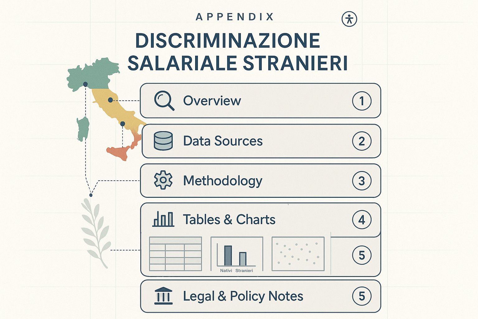Infografica stratificata dell'appendice che mostra sezioni dati e mappa dell'Italia per lo studio sulla discriminazione salariale.