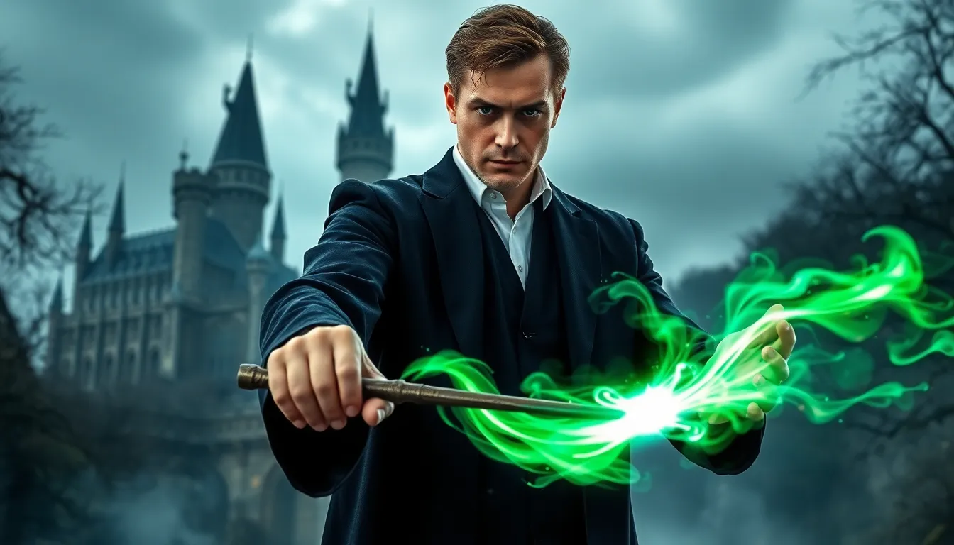 wizard casting Avada Kedavra in a magical setting.