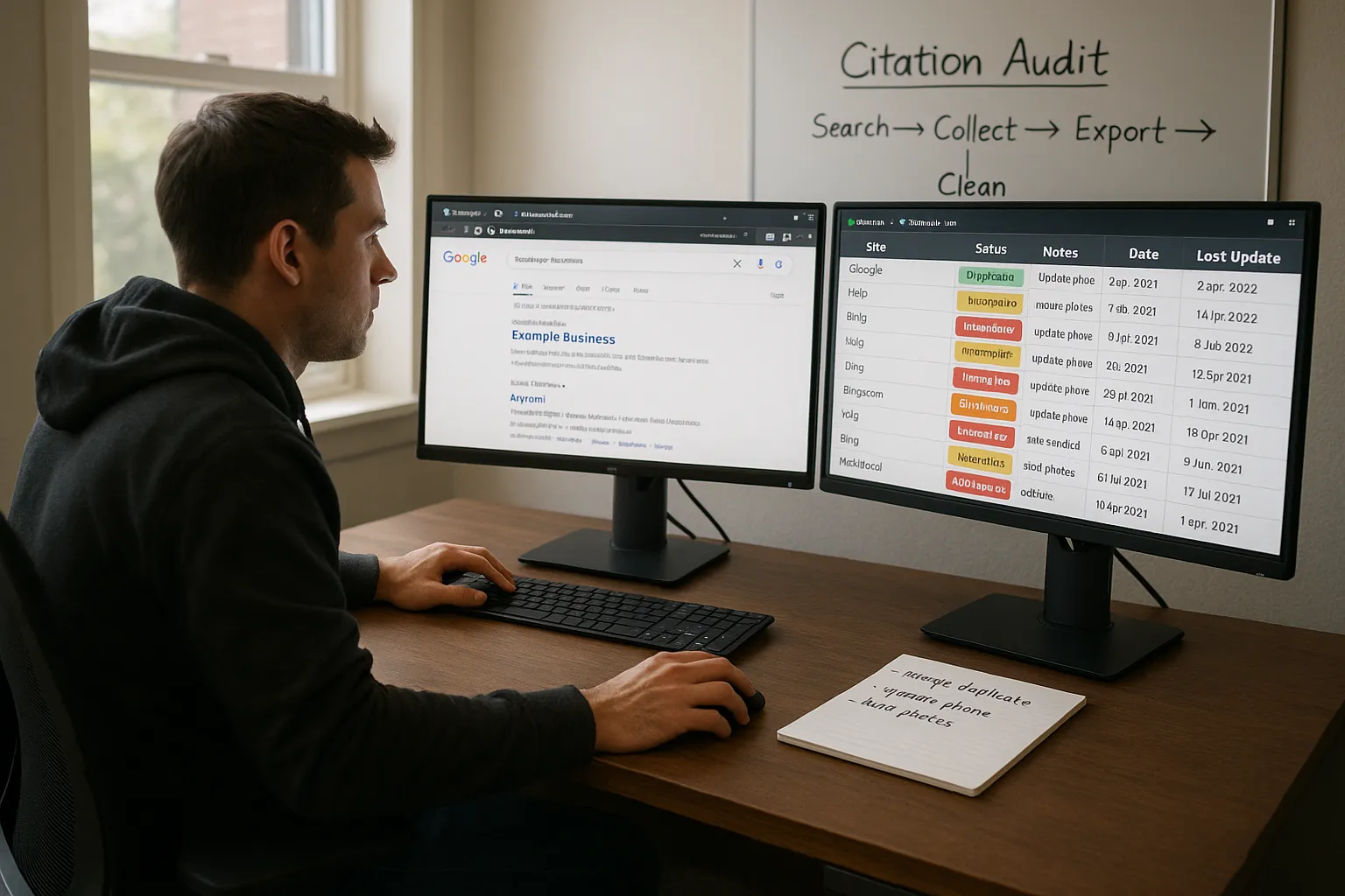 Marketer auditing local SEO citations on dual monitors with spreadsheet and listings.