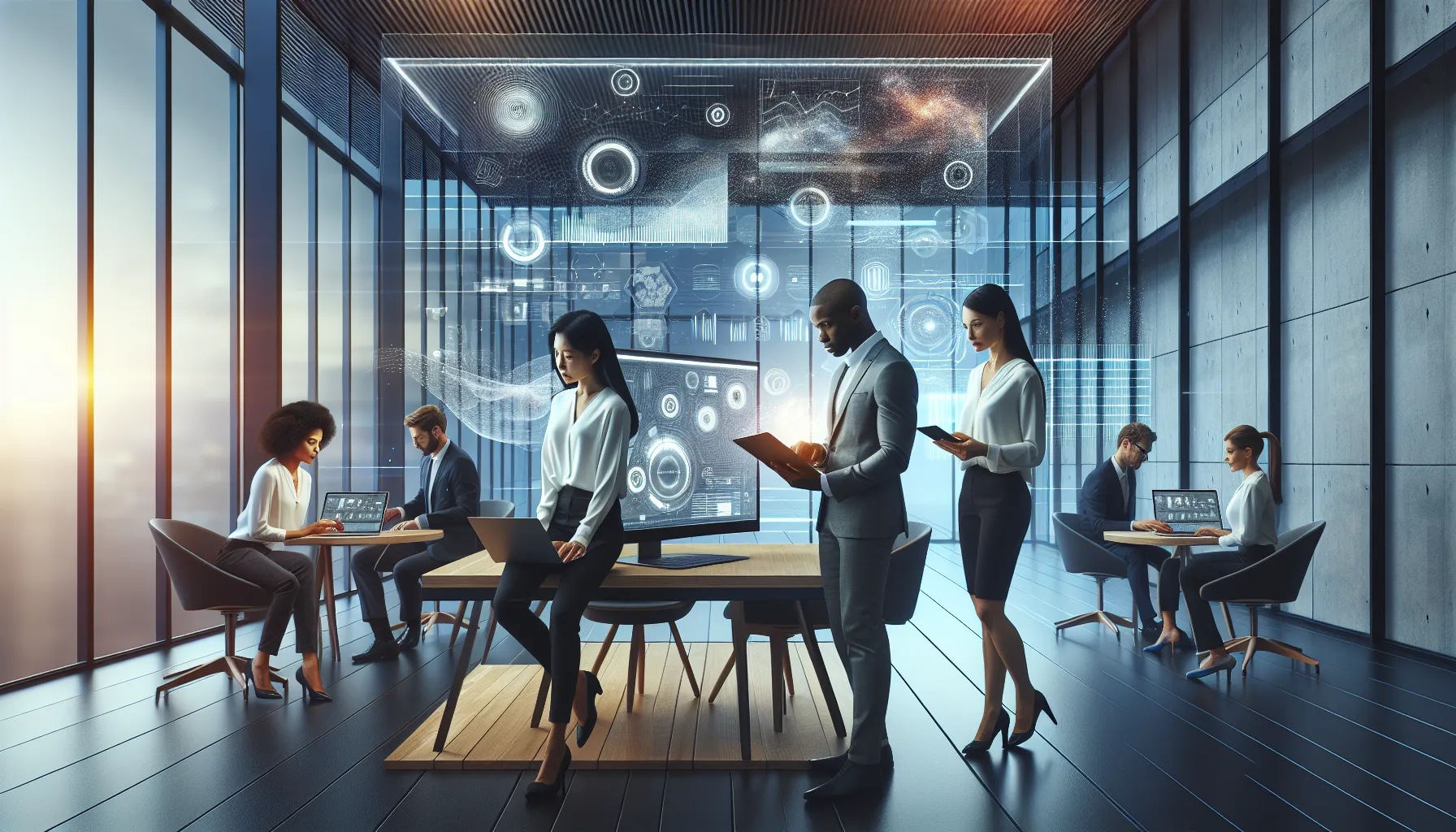 diverse team collaborating in a modern digital workspace.