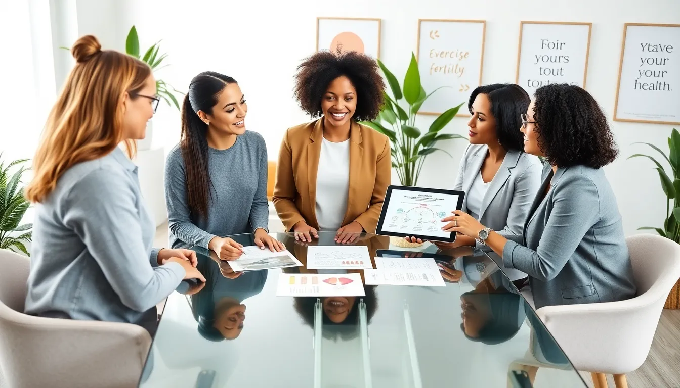 diverse women discussing exercise and fertility in a modern office.
