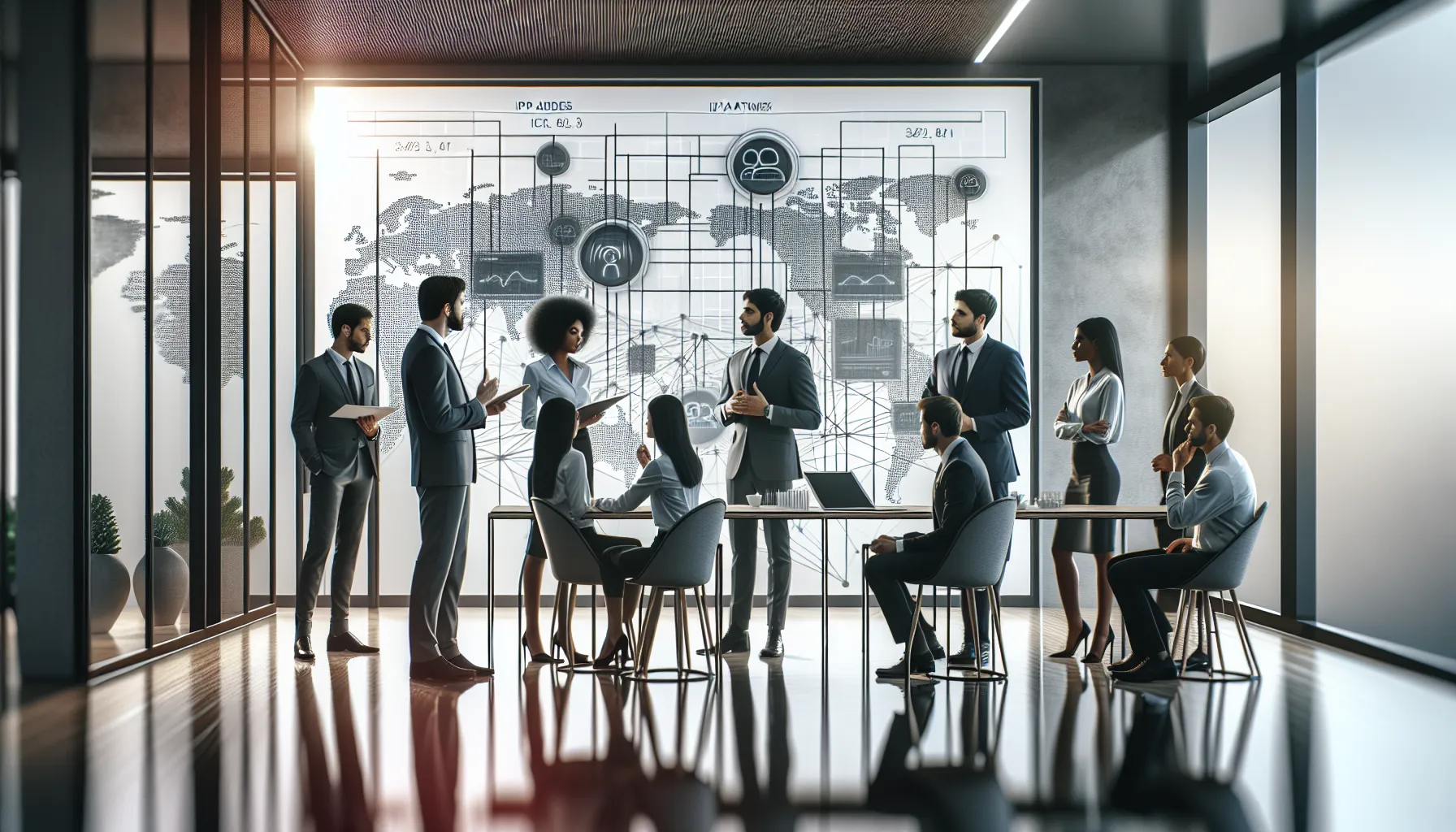 diverse team discussing IP address networking in a modern office.