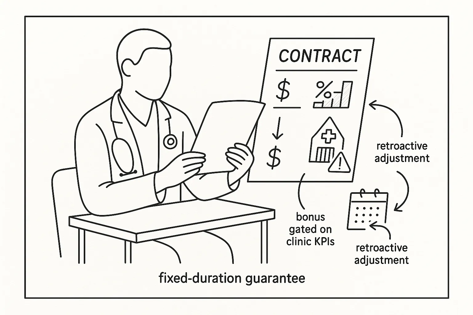 Veterinarian reviewing a contract with arrows showing pay changes and protections.