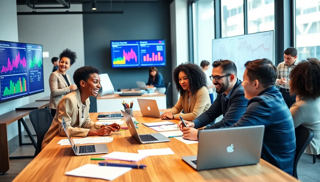A diverse team using LotsOfPower Net in a modern office environment.