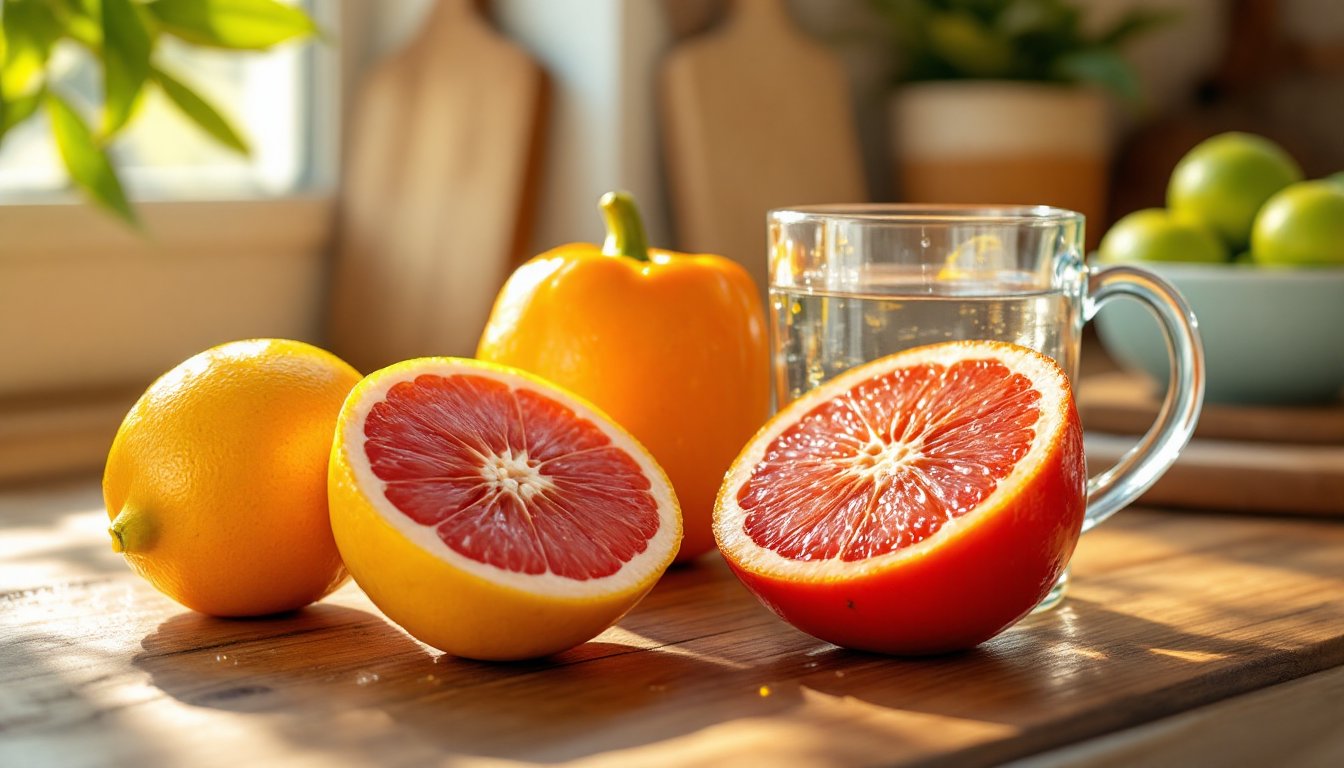 Citrus fruits, bell pepper, and warm lemon water on a sunny kitchen counter.