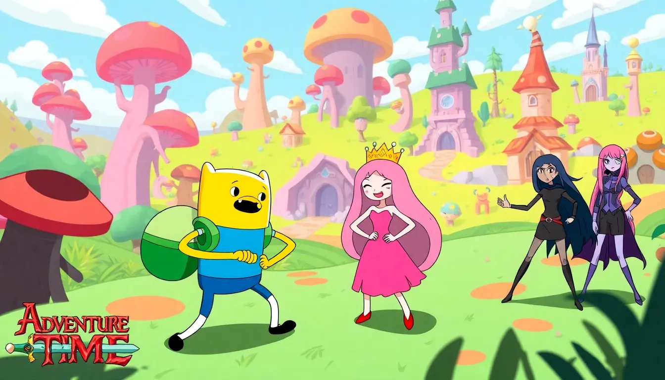 Finn and Jake strategizing in a colorful Adventure Time MOBA setting.
