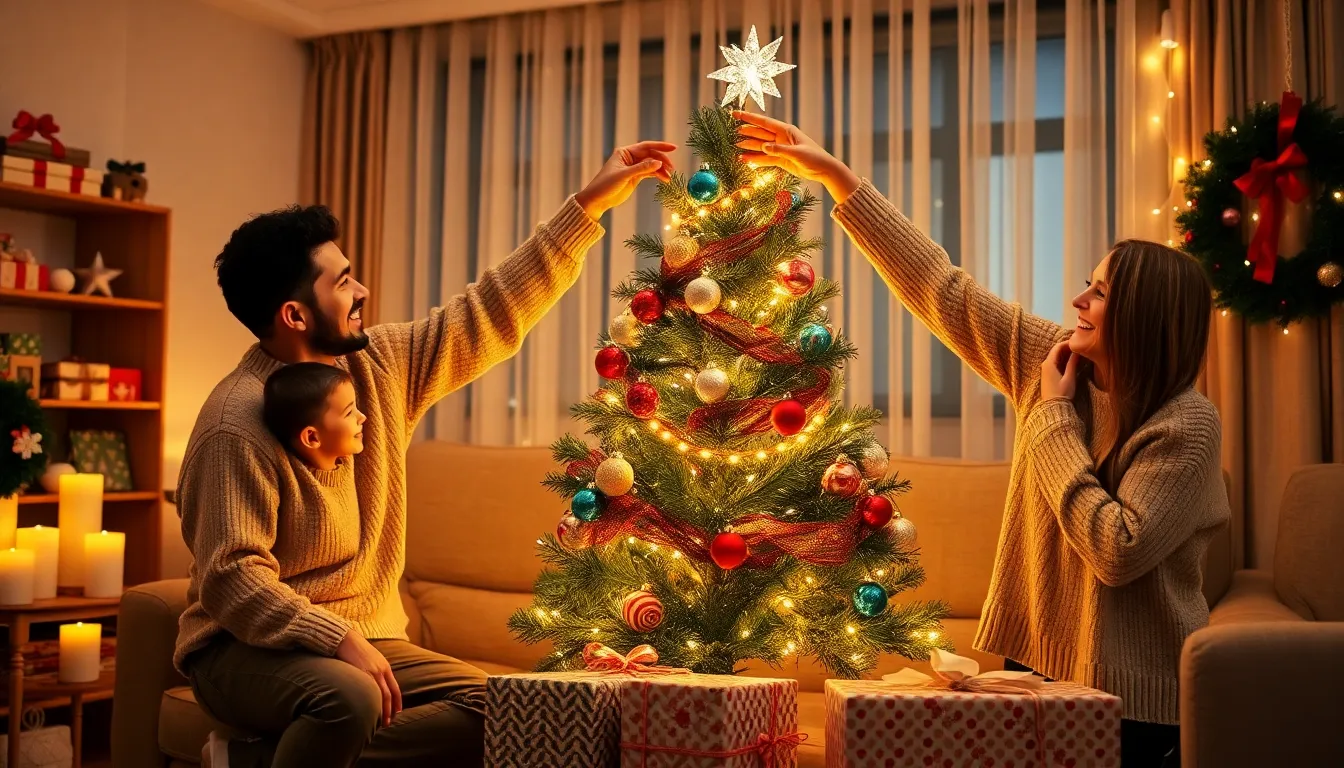 family decorating a Christmas tree together in a cozy living room.