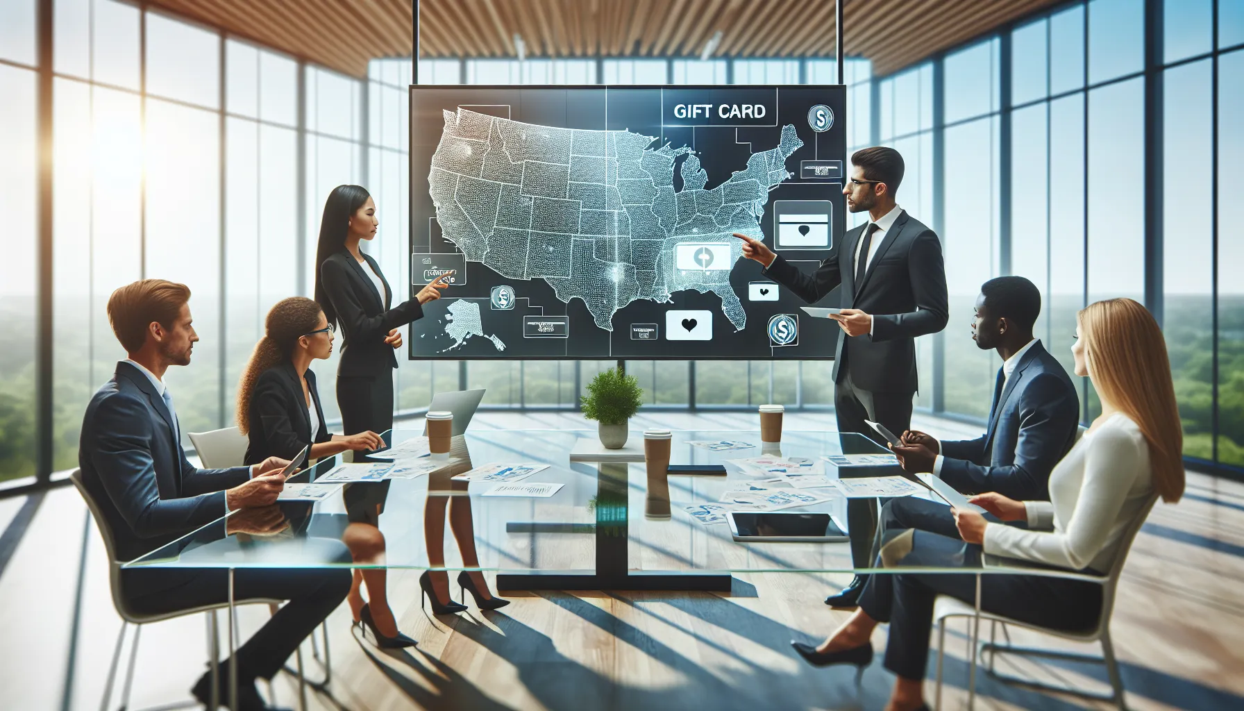 professionals discussing gift card regulations in a modern office.