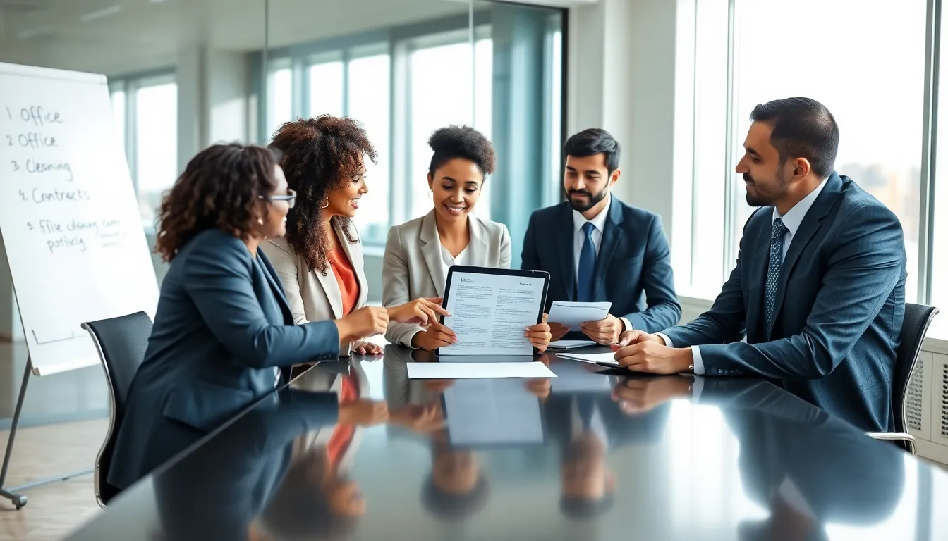 diverse team discussing office cleaning contracts in a modern conference room.