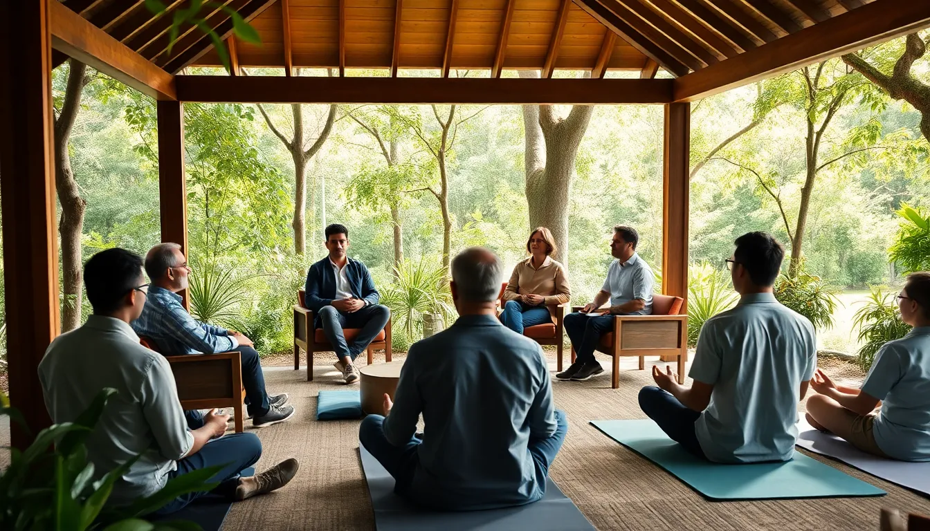 men practicing mindfulness in a serene outdoor wellness retreat.