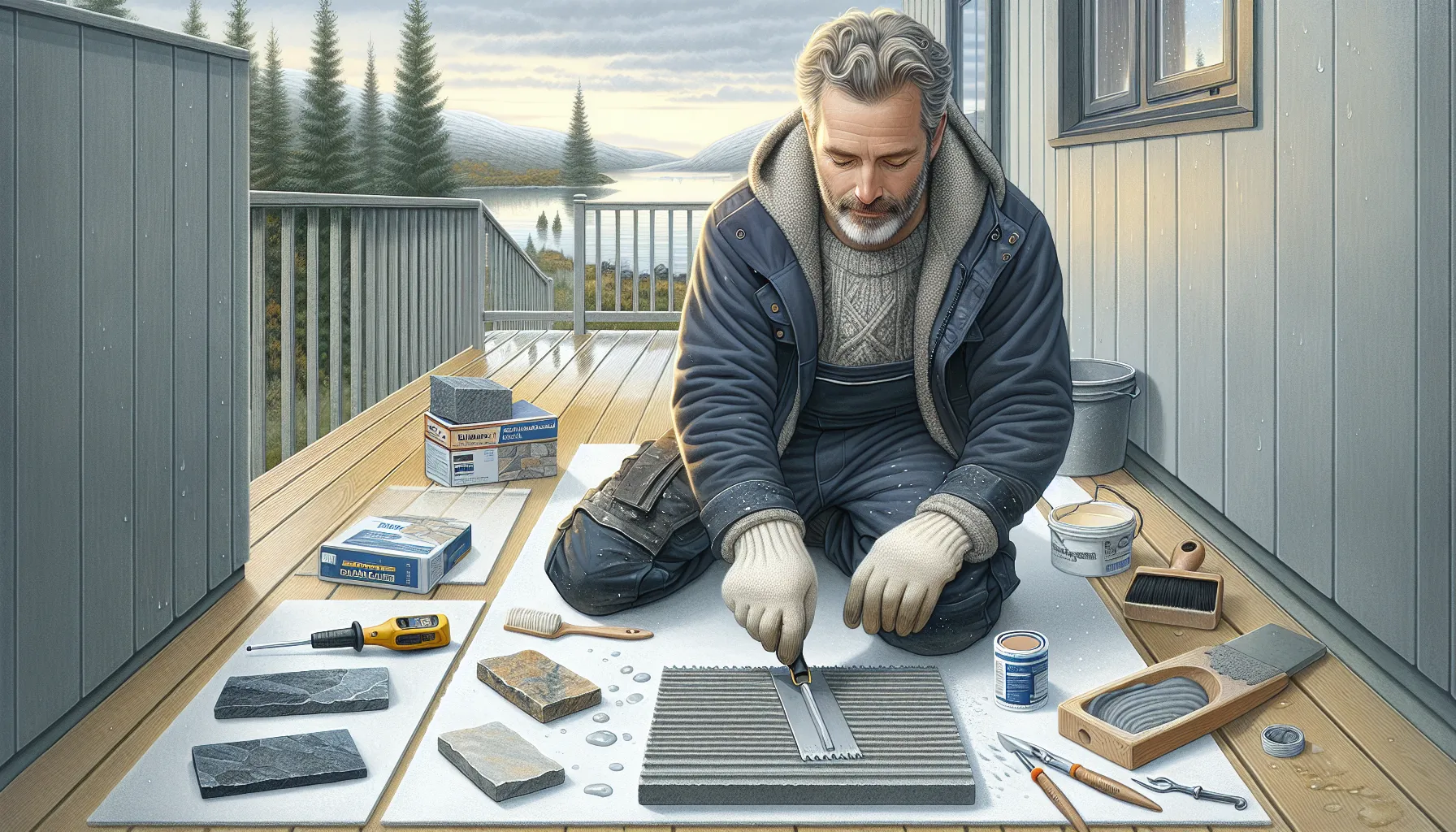 Norwegian craftsman applying adhesive to stone samples, showing porosity and substrates.