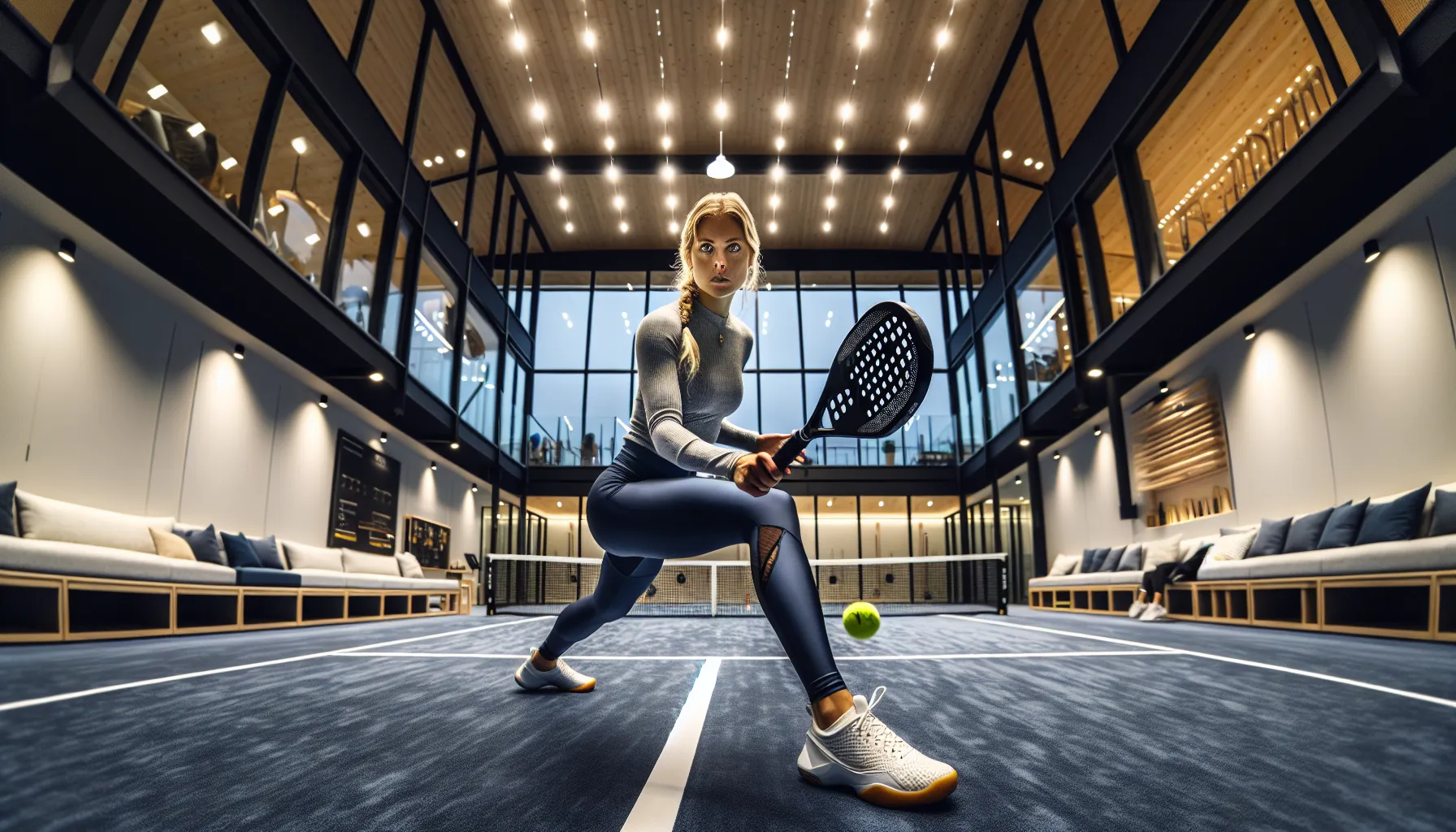 De beste padelbanene i bergen: hvor du bør spille 3 Woman volleys on a modern indoor padel court in rainy bergen.