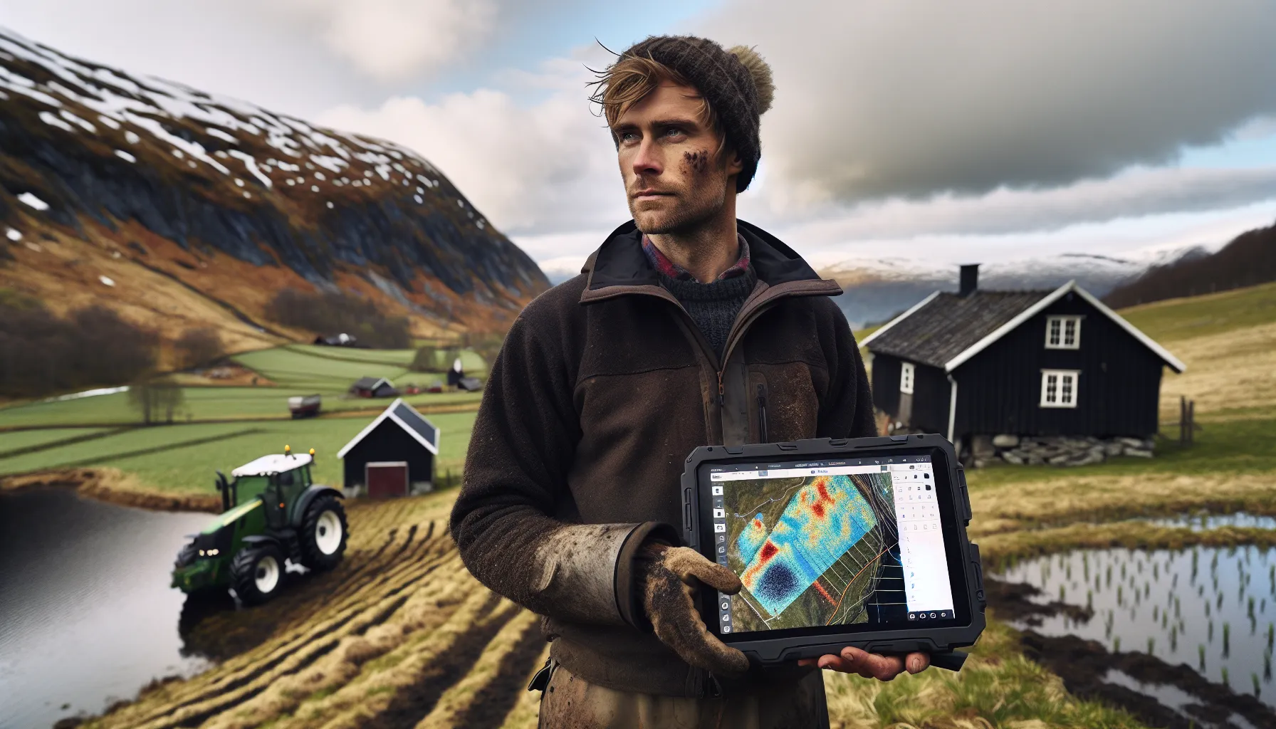Norwegian mountain farmer using satellite map on tablet while gps-guided tractor works field.
