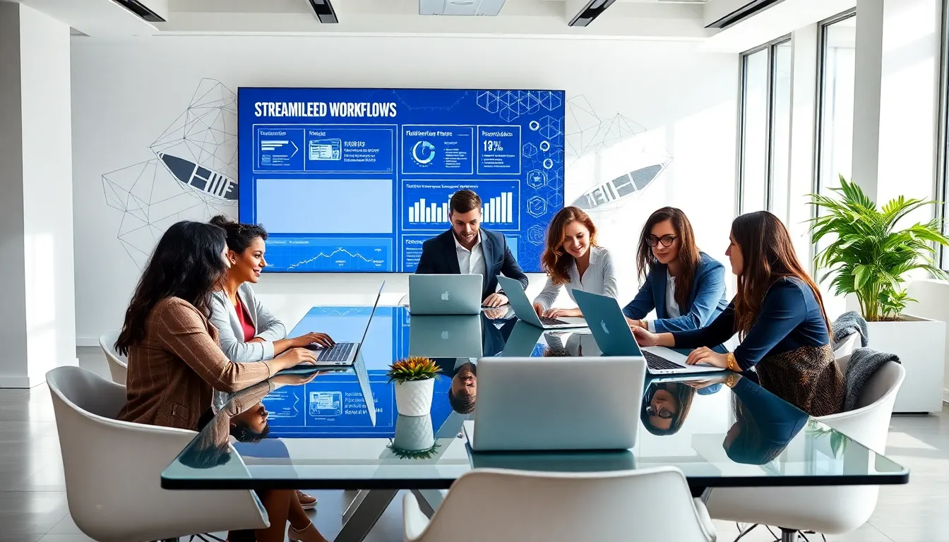 diverse team collaborating in a modern digital workspace.