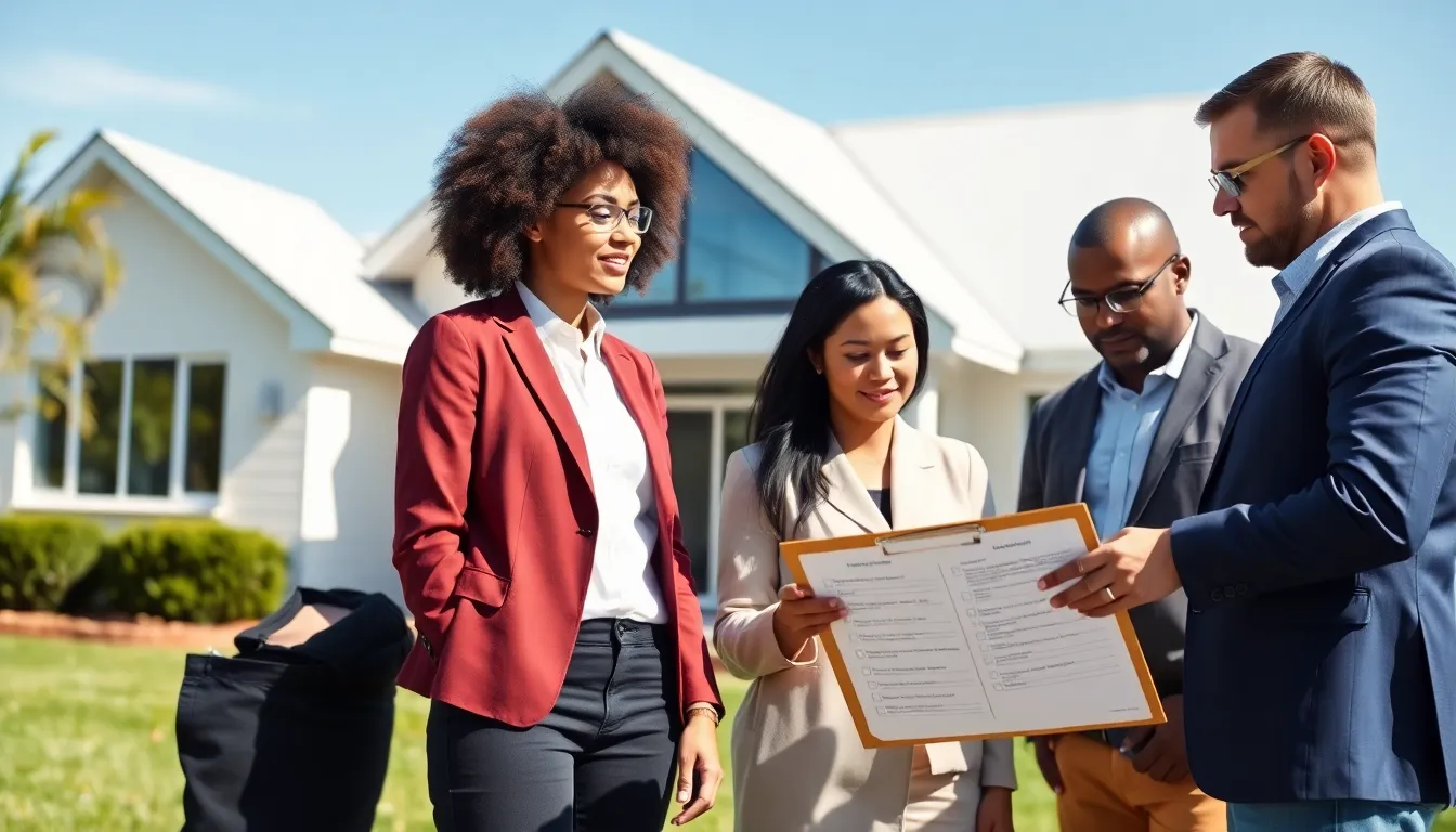 professionals discussing a home maintenance checklist in a well-maintained yard.