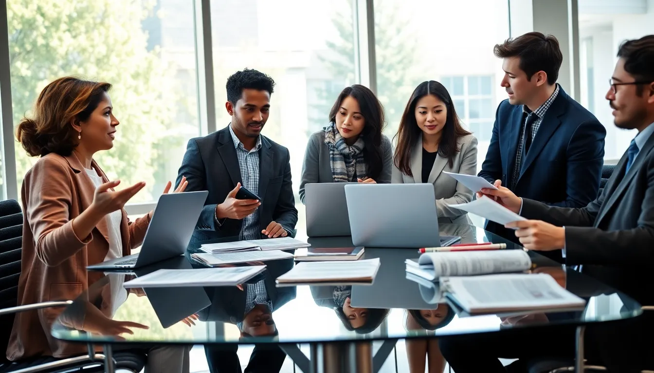 diverse team discussing opinion pieces in a modern office.