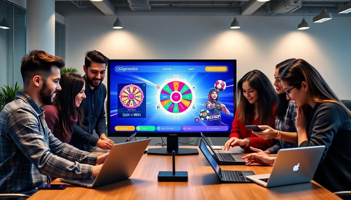 diverse gamers interacting with the Ck2generator platform in a modern office.