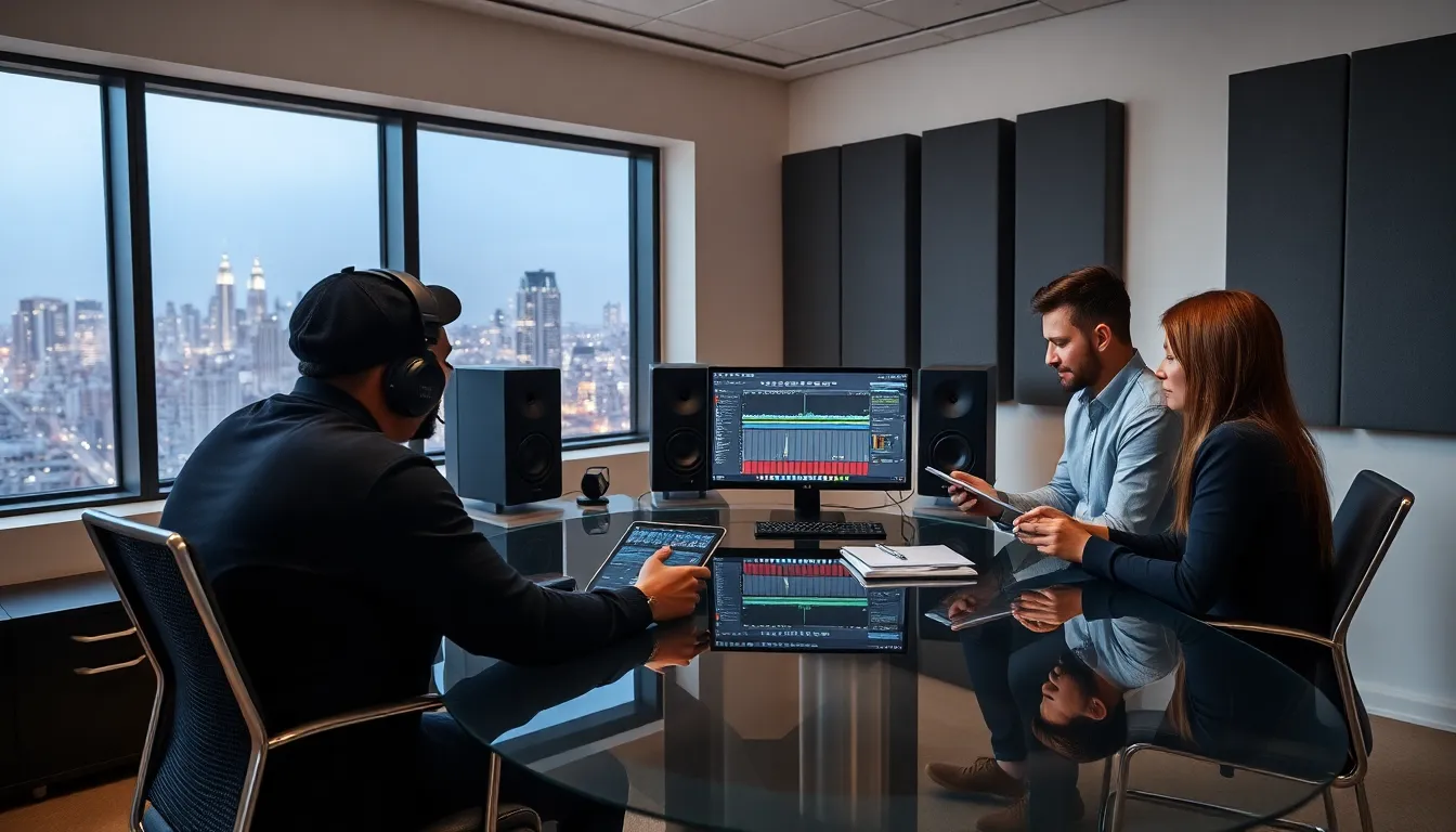 diverse musicians collaborating in a modern workspace using music software.