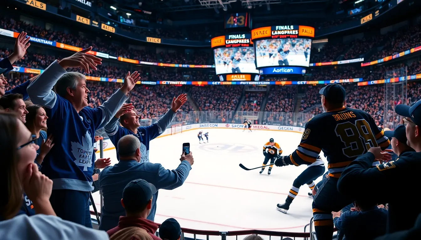 Excited hockey fans in a modern arena during a thrilling game.