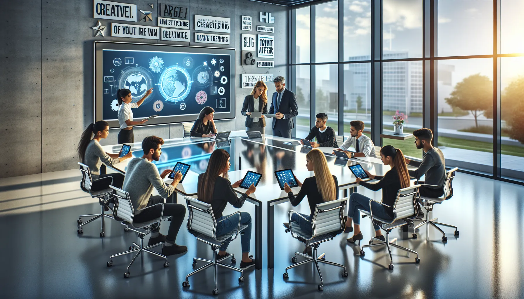 diverse students collaborating in a modern classroom using advanced technology.